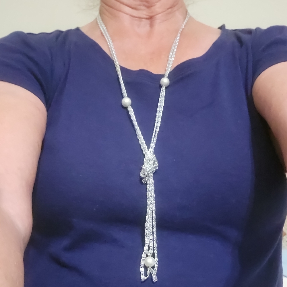 Sarah Coventry Convertible Double Stranded Silver Necklace with Pearl Details